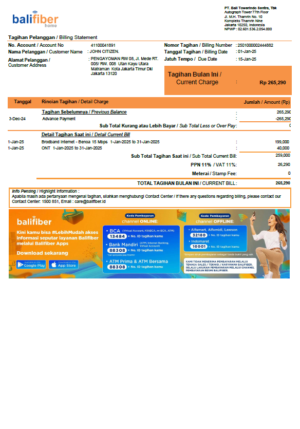 Indonesia Balifiber utility bill template in Word and PDF formats